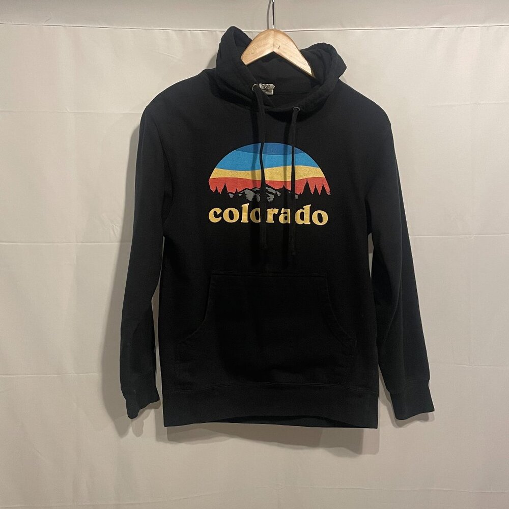 Aksels Hoodie Mens Small Black Pullover Colorado Mountain Landscape Sweatshirt